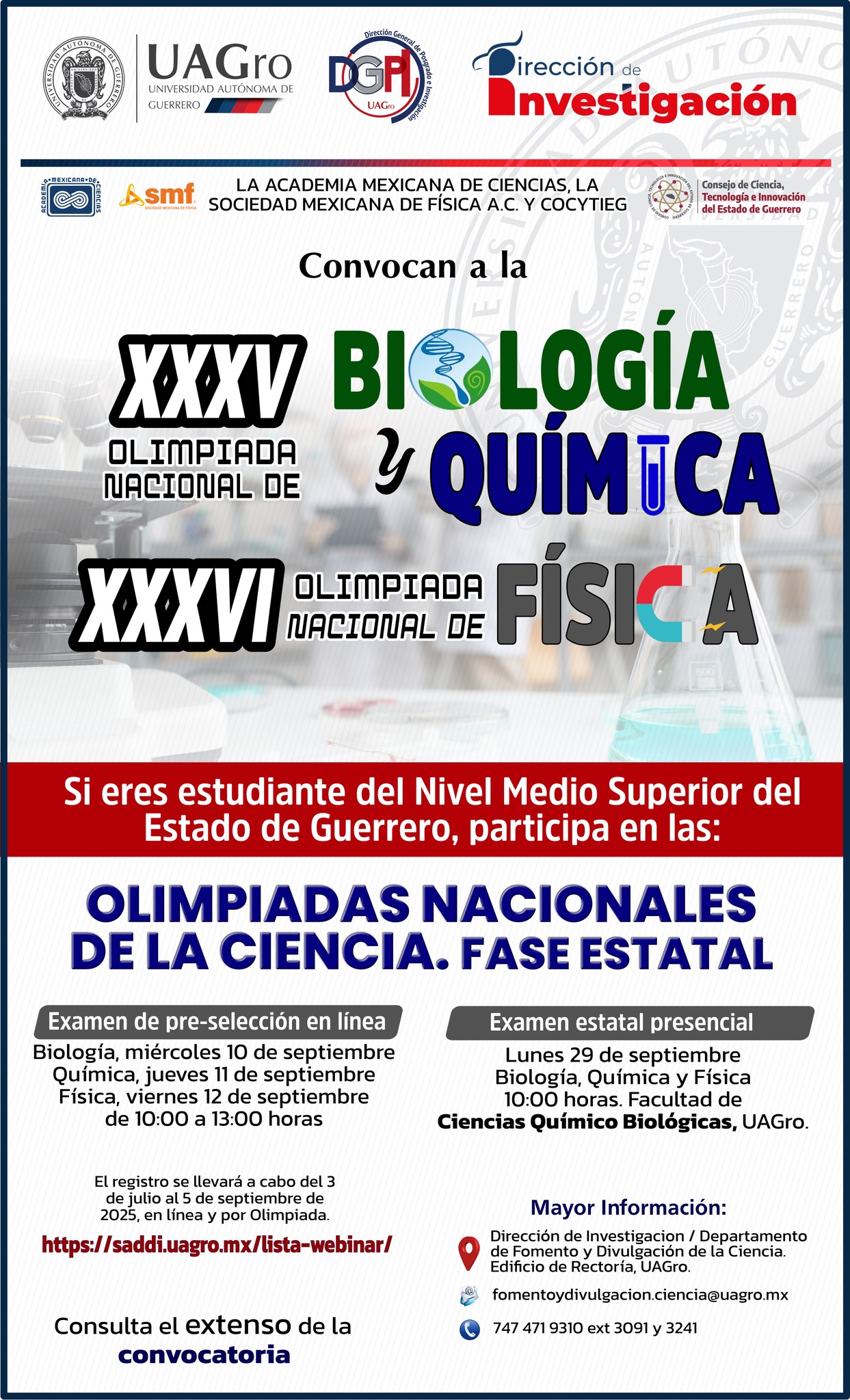 Convocatoria a la XXXV Olimpiada Nacional de Biología y Química y a la XXXVI de Física.